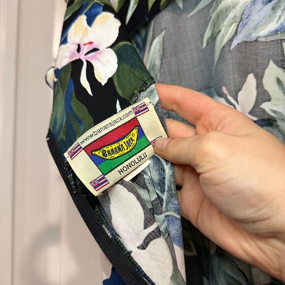 VTG Banana Jack Women Medium Hawaiian Sheath Dress Black Tropical Hibiscus Lei - Picture 3 of 4